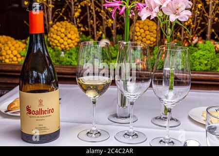 Eine Flasche Alvarinho Soalheiro Reserva aus dem Jahr 2015 von Quinta de Soalheiro steht neben einem Glas Weißwein und leeren Weingläsern auf einem weiß gedeckten Tisch beim Hummerfrühstück im Hotel und Restaurant Kronenschlösschen in Hattenheim, Eltville am Rhein, Hessen, Deutschland. Rosa Blumen stehen in einer Vase hinter den Gläsern. Moos, Forsythienzweige und gelbe Blumenbälle schmücken den Raum. Der portugiesische Weißwein gehört zur Weinbegleitung der vier Hummergerichte beim Mittagessen am 28. Februar 2017, einer Veranstaltung des 21. Rheingau Gourmet & Wein Festivals. Soalheiro befindet sich in Melgaço in der M Stockfoto
