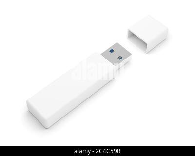 USB-Flash-Laufwerk auf weißem Hintergrund isoliert. Datenspeichergerät. USB-Stick. Pendrive. 3d-Illustration. Stockfoto