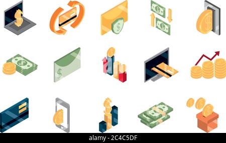 Isometrisches Geld Bargeld Währung Business Münzen Banknoten isoliert auf weißem Hintergrund Vektor Illustration flach Symbole gesetzt Stock Vektor