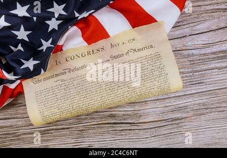 Amerikanische Flagge des Vintage-Dokuments Detail der Unabhängigkeitserklärung der Vereinigten Staaten mit 4. juli 1776 Stockfoto