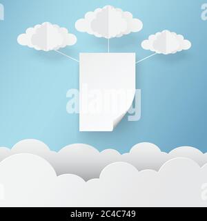 Papierkunst von weißem Papier am Himmel mit Wolken, Vorlage für Text und Etikett, Vektorgrafik und Illustration. Stock Vektor