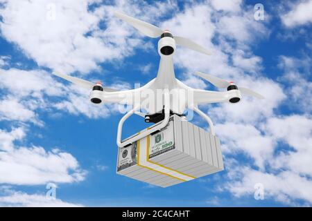 Air Drone liefert Stapel von Dollar Geldscheine auf einem blauen Himmel Hintergrund. 3d-Rendering Stockfoto