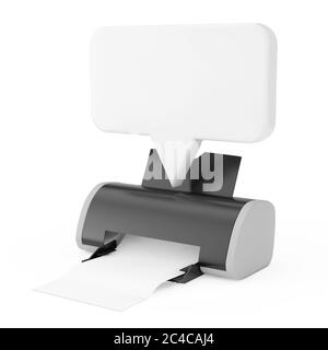 Digitaler Tintenstrahldrucker mit weißer Sprechblase auf weißem Hintergrund. 3d-Rendering Stockfoto