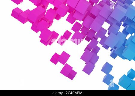 3D-Illustration Hintergrund, Textur einer großen Anzahl von Tauben geometrischen Formen in verschiedenen Größen und Formen. Rosa-blaue Tetris Formen mit Bewegung eff Stockfoto
