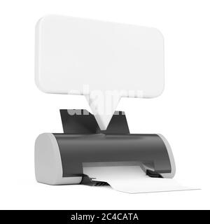Digitaler Tintenstrahldrucker mit weißer Sprechblase auf weißem Hintergrund. 3d-Rendering Stockfoto
