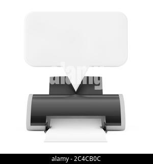 Digitaler Tintenstrahldrucker mit weißer Sprechblase auf weißem Hintergrund. 3d-Rendering Stockfoto