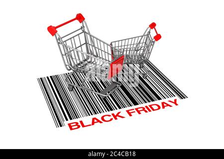 Zwei leere Shopping Carts über abstraktem Barcode mit schwarzem Freitagszeichen auf weißem Hintergrund. 3d-Rendering Stockfoto