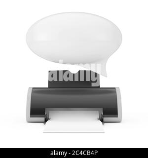 Digitaler Tintenstrahldrucker mit weißer Sprechblase auf weißem Hintergrund. 3d-Rendering Stockfoto