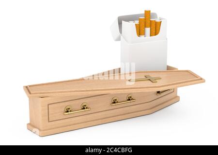 Mockup Blank Zigaretten Pack in Holz Coffin mit Golden Cross und Griffe auf weißem Hintergrund. 3d-Rendering Stockfoto