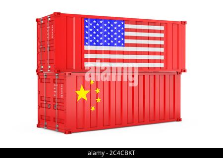 Internationales Versandkonzept. Frachtcontainer mit USA und China Flagge auf weißem Hintergrund. 3d-Rendering Stockfoto