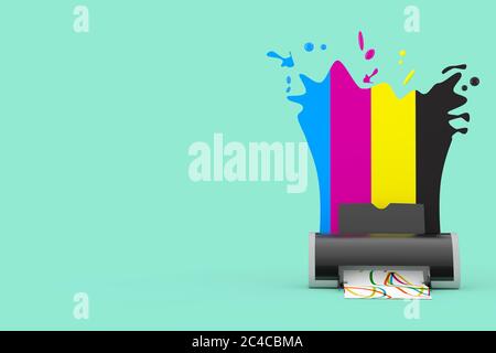 CMYK-Farben hinter dem digitalen Tintenstrahldrucker auf einem aquamarinfarbenen Hintergrund. 3d-Rendering Stockfoto
