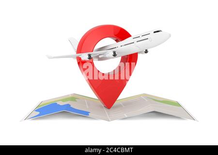 White Jet Passagierflugzeug über gefalteten abstrakten Navigationskarte mit Ziel-Pin-Zeiger auf weißem Hintergrund. 3d-Rendering Stockfoto