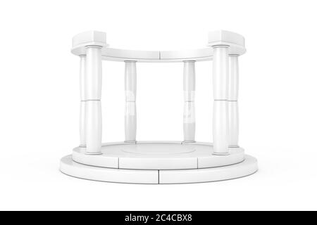 Weißes antikes Podium mit Säulen im Clay-Stil auf weißem Hintergrund. 3d-Rendering Stockfoto