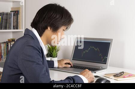 Junge asiatische Forex Trader oder Investor oder Geschäftsmann in Anzug berühren Smartphone und Trading Forex oder Aktien in Laptop Monitor im Trader Zimmer Stockfoto