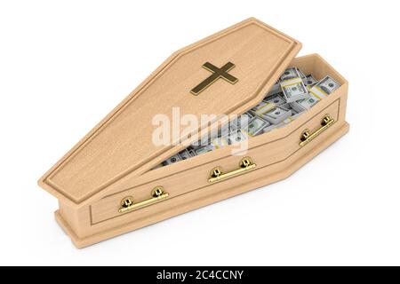 Haufen von US Dollar Scheinen in Holz Coffin mit Golden Cross und Griffe auf weißem Hintergrund. 3d-Rendering Stockfoto