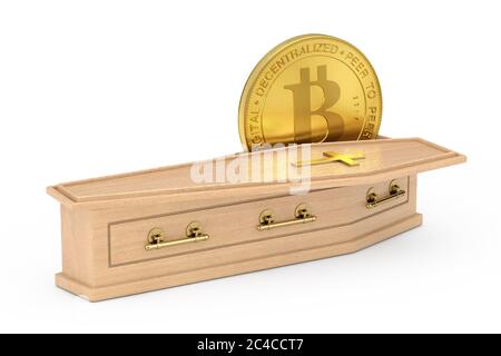 Goldene Kryptowährungen Bitcoin in Holz Coffin mit goldenem Kreuz und Griffen auf weißem Hintergrund. 3d-Rendering Stockfoto