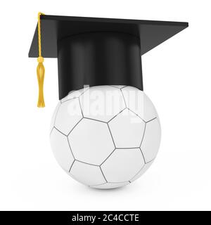 Graduation Academic Cap über weißem Leder Fußball-Ball auf weißem Hintergrund. 3d-Rendering Stockfoto