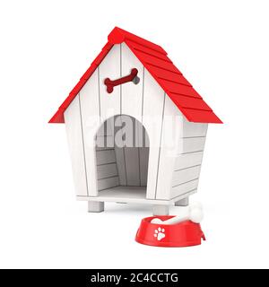 Hundekauen Knochen in rot Plastikschale für Hund vor Holz Cartoon Dog House auf weißem Hintergrund. 3d-Rendering Stockfoto