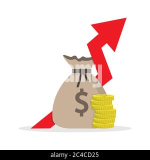 Beutel und einen Stapel Münzen mit einem Pfeil nach oben. Einfaches flaches Farbsymbol auf weißem Hintergrund isoliert Stock Vektor