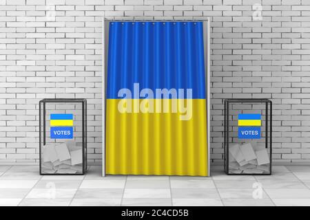 Wahlurnen in der Nähe des Weißen Wahlkabinettals mit Vorhang und Ukraine-Flagge vor der Ziegelmauer. 3d-Rendering Stockfoto