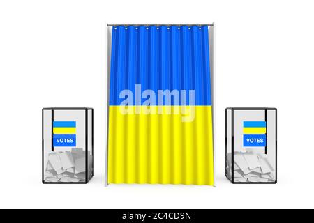 Wahlurnen in der Nähe von White Voting Booth mit Vorhang und Ukraine-Flagge auf weißem Hintergrund. 3d-Rendering Stockfoto