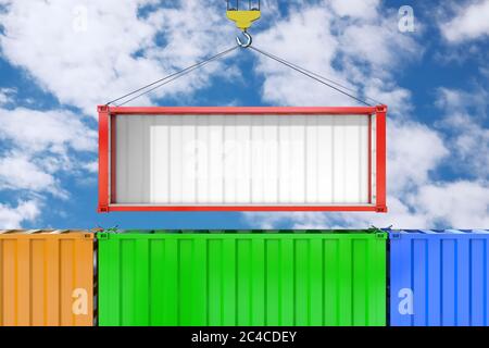 Leerer roter Versandcontainer mit entferntem Seitenwandtransport durch Kranhaken auf blauem Himmel Hintergrund. 3d-Rendering Stockfoto