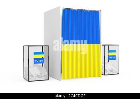 Wahlurnen in der Nähe von White Voting Booth mit Vorhang und Ukraine-Flagge auf weißem Hintergrund. 3d-Rendering Stockfoto