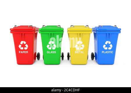 Rot, Grün, Gelb und Blau Papierkorb mit Recycling-Symbol auf weißem Hintergrund. 3d-Rendering Stockfoto