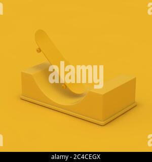 Modernes Skateboard mit Halfpipe Rampe in Yellow Clay Style auf pinkem Hintergrund. 3d-Rendering Stockfoto