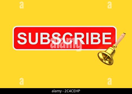 Text Box Subscribe Button mit Golden Notification Bell auf gelbem Hintergrund. 3d-Rendering Stockfoto