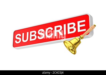 Text Box Subscribe Button mit Golden Notification Bell auf weißem Hintergrund. 3d-Rendering Stockfoto