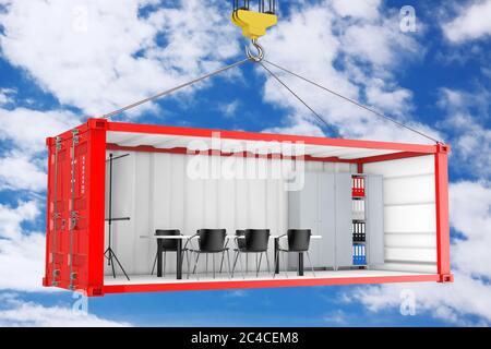 Roter Frachtcontainer mit entfernter Seitenwand, während des Transports in ein Büro umgewandelt, mit Kranhaken auf blauem Himmel Hintergrund. 3d-Rendering Stockfoto