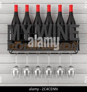 Weinflaschen, Korken und Gläser in Metall Wand hängende Weinlagerregal mit My Wine Collection Zeichen auf einem hölzernen Landhauswand Hintergrund. 3d-Rendering Stockfoto