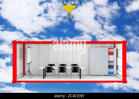 Roter Frachtcontainer mit entfernter Seitenwand, während des Transports in ein Büro umgewandelt, mit Kranhaken auf blauem Himmel Hintergrund. 3d-Rendering Stockfoto