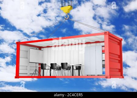 Roter Frachtcontainer mit entfernter Seitenwand, während des Transports in ein Büro umgewandelt, mit Kranhaken auf blauem Himmel Hintergrund. 3d-Rendering Stockfoto