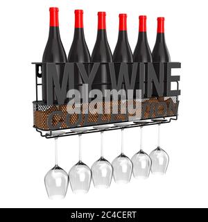 Weinflaschen, Korken und Gläser in Metall Wandhängende Weinlagerregal mit My Wine Collection Zeichen auf weißem Hintergrund. 3d-Rendering Stockfoto