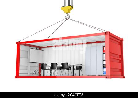 Roter Frachtcontainer mit entfernter Seitenwand, während des Transports in ein Büro umgewandelt, mit Kranhaken auf weißem Hintergrund. 3d-Rendering Stockfoto