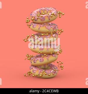 Stapel von Big Strawberry Pink Glazed Donut mit Farbe bestreut auf einem rosa Hintergrund. 3d-Rendering Stockfoto