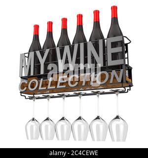 Weinflaschen, Korken und Gläser in Metall Wandhängende Weinlagerregal mit My Wine Collection Zeichen auf weißem Hintergrund. 3d-Rendering Stockfoto