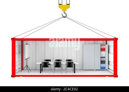 Roter Frachtcontainer mit entfernter Seitenwand, während des Transports in ein Büro umgewandelt, mit Kranhaken auf weißem Hintergrund. 3d-Rendering Stockfoto