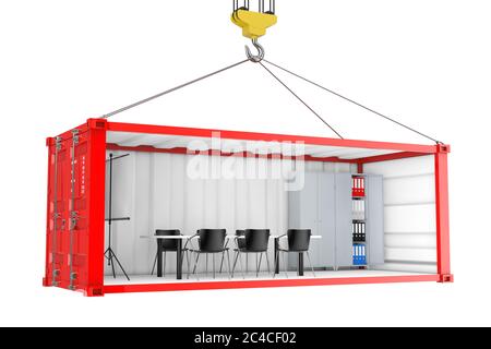 Roter Frachtcontainer mit entfernter Seitenwand, während des Transports in ein Büro umgewandelt, mit Kranhaken auf weißem Hintergrund. 3d-Rendering Stockfoto