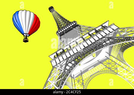 Frankreich-Konzept. Paris Skizzen Handzeichnung Stil Eiffelturm und Heißluftballon mit Frankreich Flagge auf gelbem Hintergrund. 3d-Rendering Stockfoto