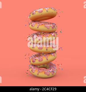 Stapel von Big Strawberry Pink Glazed Donut mit Farbe bestreut auf einem rosa Hintergrund. 3d-Rendering Stockfoto