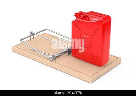 Gefälschtes Kraftstoffkonzept. Red Metal Jarrycan in Holz Mousetrap auf weißem Hintergrund. 3d-Rendering Stockfoto