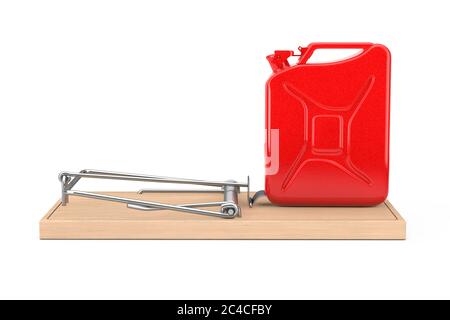 Gefälschtes Kraftstoffkonzept. Red Metal Jarrycan in Holz Mousetrap auf weißem Hintergrund. 3d-Rendering Stockfoto