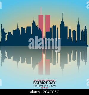 Skyline von New York City mit Twin Towers. 09.11.2001 American Patriot Day Jubiläumsbanner. Vektorgrafik. USA Patriot Day Banner. Welthandel Stock Vektor