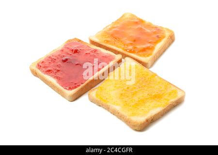Toasts mit Stau isoliert auf weißem Hintergrund Stockfoto