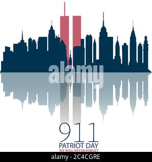 Skyline von New York City mit Twin Towers. 09.11.2001 American Patriot Day Jubiläumsbanner. Vektorgrafik. USA Patriot Day Banner. Welthandel Stock Vektor