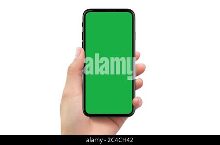 Isolierte menschliche linke Hand hält weiße Handy-Smartphone-Gerät mockup Stockfoto