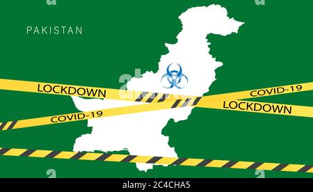 Coronavirus-Zelle mit pakistanischer Flagge und Karte. Stop COVID-19 Zeichen, pakistan Lockdown verhindert Coronavirus Ausbreitung oder Ausbruch. Stock Vektor